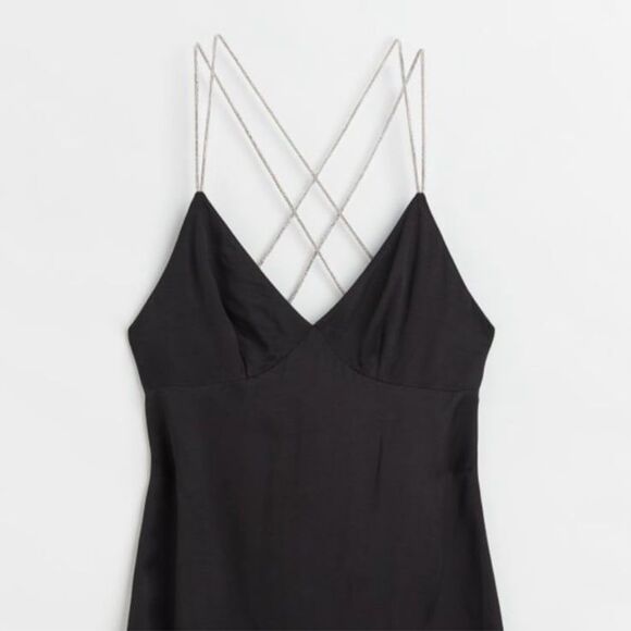 NWT H&M Rhinestone-Strap Satin Midi Dress in Black Size XL - Picture 9 of 12